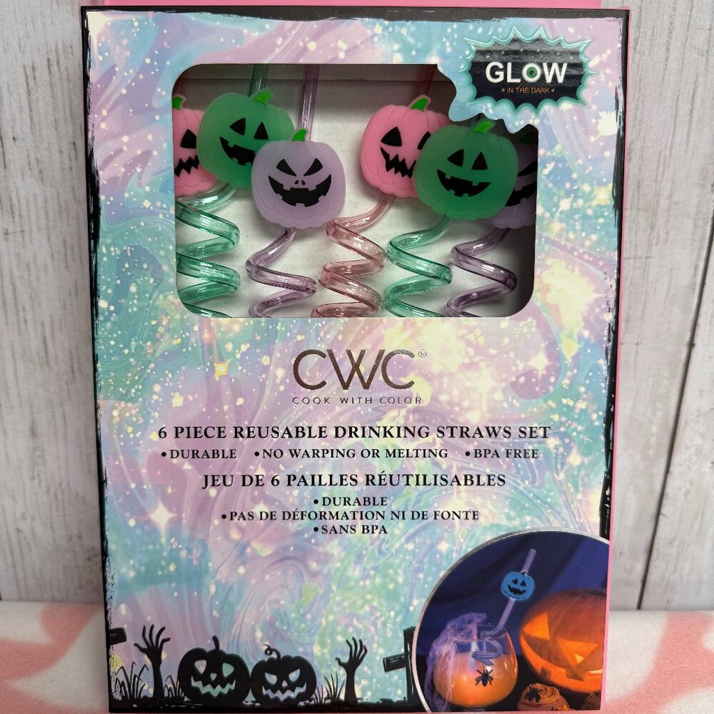 CWC Halloween Reusable Glow in the Dark Pumpkin Straws 6 Piece Set NIB NWT
